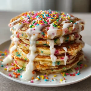 Fluffy Vegan Funfetti Birthday Pancakes with Cream Cheese Glaze