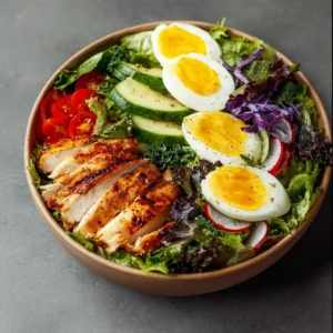 Healthy Spring Chicken Salad Bowl with Eggs & Crisp Greens