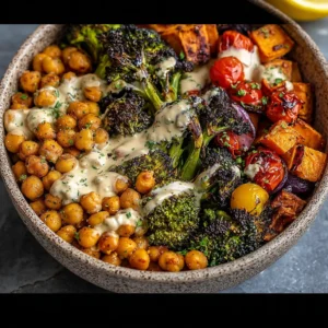 Roasted Veggie Chickpea Bowls with Maple Dijon Tahini Dressing
