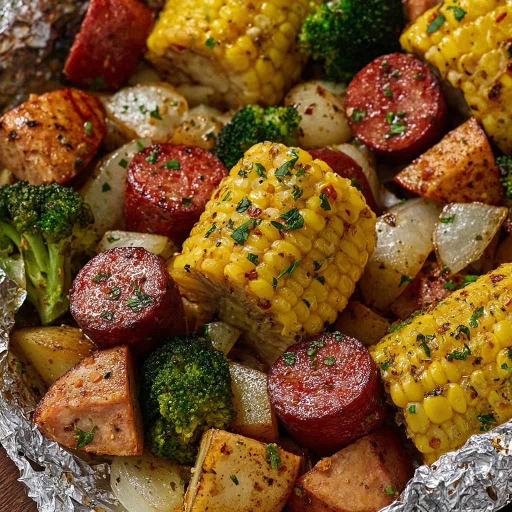 Chicken, Sausage, Potatoes, Broccoli And Corn Foil Packets