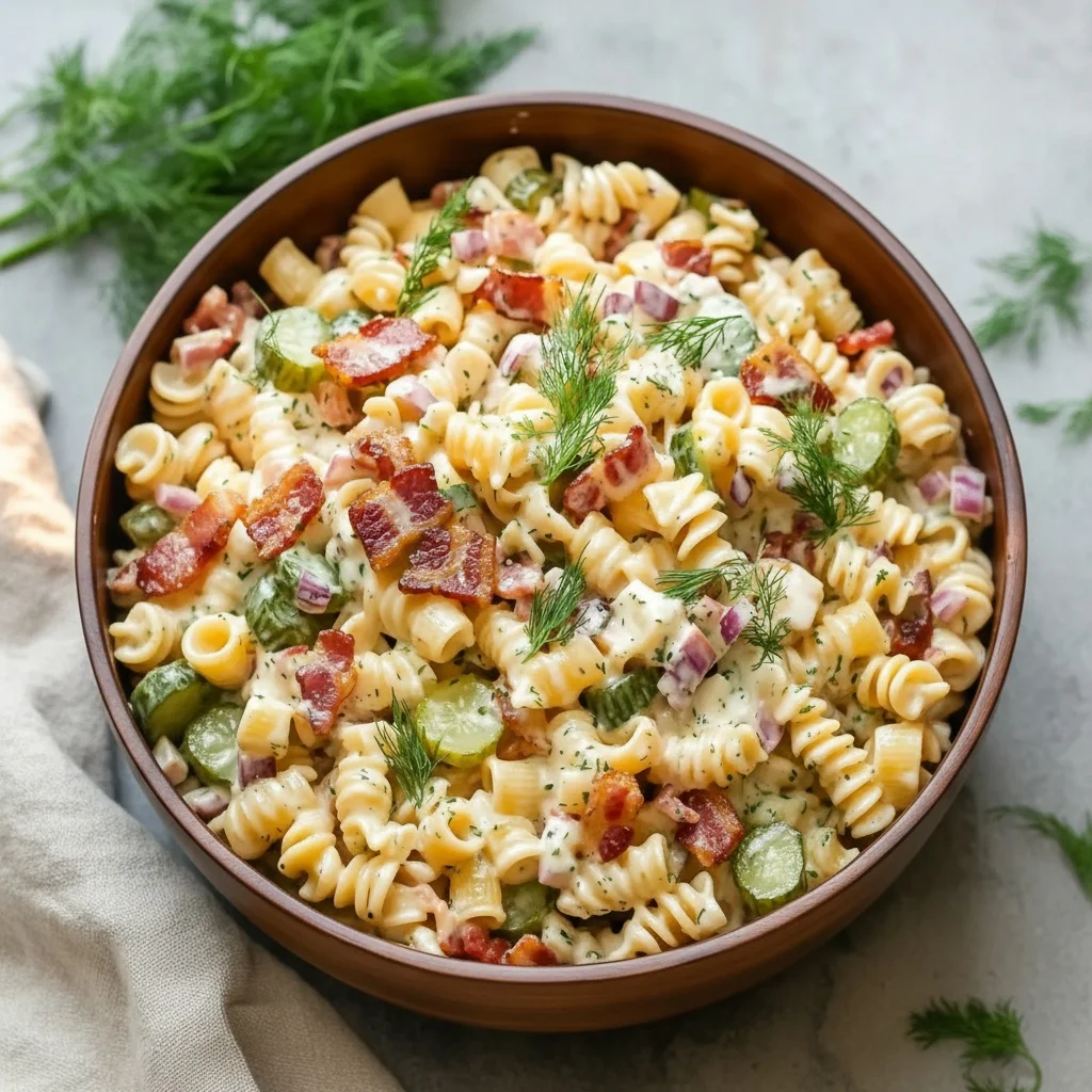 Irresistible dill pickle bacon pasta salad